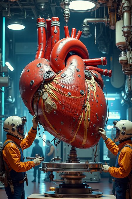 VintageSketch style, YFG-Asak, A group of workers in a high-tech lab carefully constructing a massive, realistic human heart. The heart is suspended in the air, connected to glowing tubes and advanced machinery. Some workers are welding veins and arteries, while others attach muscle fibers and fine details. The environment is futuristic, with blue and red neon lighting reflecting off the heartâs surface. Ultra-realistic, cinematic lighting, 8K, hyper-detailed, anatomical accuracy.