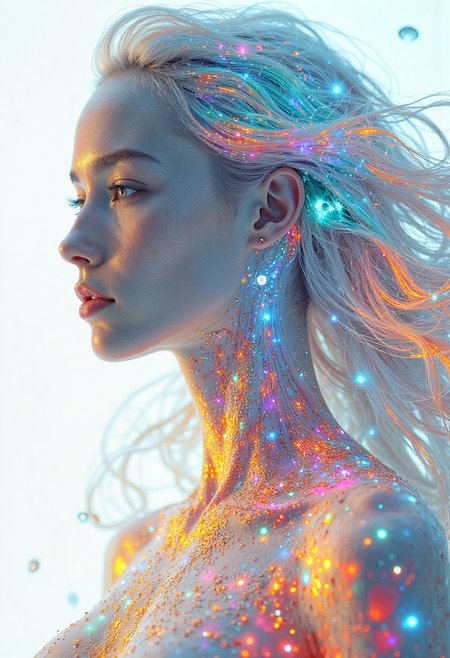 　A stunningly beautiful android woman with long, flowing hair crafted from multicolored, translucent plastic semiconductors. Each strand shimmers and glows with an internal light, a mesmerizing display of vibrant hues ranging from electric blue and emerald green to fiery orange and soft pink. The light within the hair seems to shift and change, creating an ethereal aura around her perfectly sculpted face.  Her skin, a flawless porcelain white, contrasts sharply with the vibrant colors of her hair. Her eyes, large and expressive, are made of polished obsidian, reflecting the intricate network of colorful semiconductors that frame her face. The backdrop is a stark white, emphasizing the otherworldly beauty of the android. The overall style is hyperrealistic, capturing every detail with photographic precision, yet imbued with an artistic, dreamlike quality. The image evokes a sense of wonder and fascination, blurring the lines between technology and art.  The lighting is soft and diffused, highlighting the translucence of the plastic and creating a subtle halo effect around the figure. The composition is centered, drawing the viewer's gaze directly to the android's captivating presence.