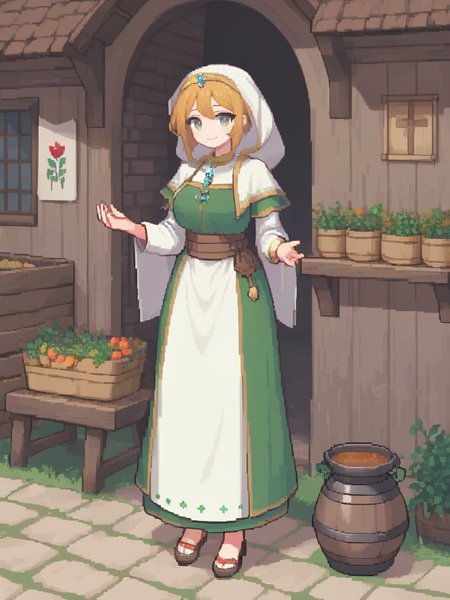 <lora:pixel style-000007:0.7>,pixel style,Visualize a compassionate and beautiful healer in a medieval village. She's dressed in simple, yet elegant medieval garb, tending to the needs of villagers with a gentle touch and a warm smile, known for her wisdom and kindness.