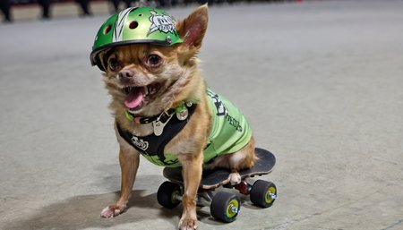 Megan,Chihuahua on the sidelines cheering on her favorite women's roller derby team and having an amazing night,skate helmet,team colors are green and black,women's roller derby,skates,cheering,fanfare,<lora:Megan_1.5:1>,