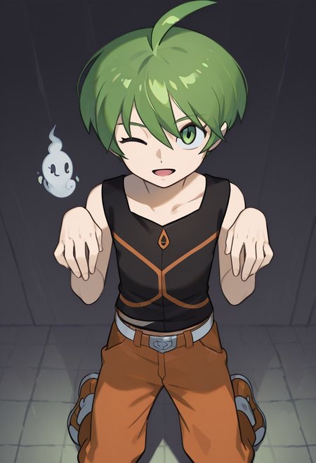 1 boy, aaron, green eyes, green hair, ahoge, black sleeveless shirt, orange pants, white with orange shoes, belt<lora:EMS-380018-EMS:1.000000><lora:ghost-pose-ponyxl-lora-nochekaiser:1>, ghost pose, ghost,open mouth, looking up,cowboy shot,from above, looking at viewer, wink,feet emphasis, composition, visual focus