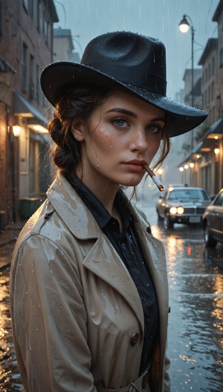 film noire, city, night, rainy, foggy, extreme closeup portrait, extremely well detailed, high definition, freckles, beauty spot, detailed perfect eyes, headshot, trench coat, fedora, private detective, smoking, femme fatale, vintage car, street lamp, dark alley, crime scene, murder mystery, suspense, black and white, high contrast, dramatic lighting, 
soaked woman, wet clothes, dripping water, rain, stormy weather, score_9, score_8_up