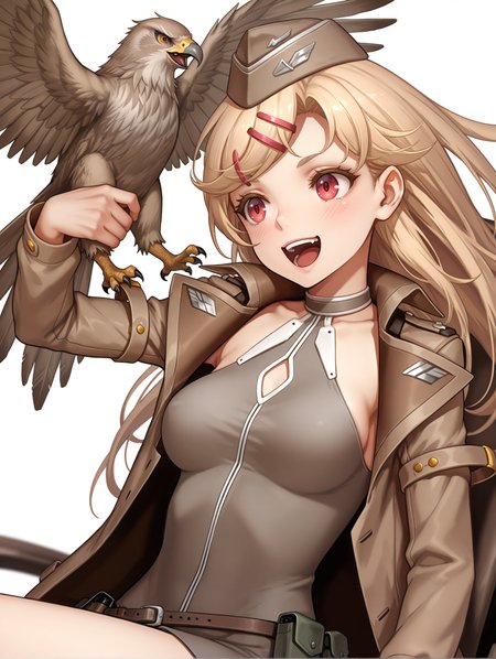 masterpiece,best quality,newest,
1girl,solo,
medium breasts,<lora:M1919A4_ilxl_v1.2:1>,m_1919,blonde hair,red eyes,m_hat,m_clothes,long coat,
<lora:Fixhands_anime_bdsqlsz_V1:1>,open mouth,smile,animal,:d,sitting,blush,simple background,white background,looking_at_animal,holding_animal,hawk,upper_body,