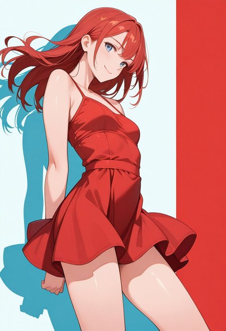 masterpiece, best quality, 32k, high resolution, absurdres, HD32k, d41z3n, 1girl, solo, Joana, red hair, long straight hair, light blue eyes, small breasts, slim, shy smile, red short sundress, flowing skirt, panty shot, dynamic pose, halftones background, flat colors, dual color background, bold lines, posing cute, dynamic, shadow, hands on thighs, windy, wind lifting skirt, side view