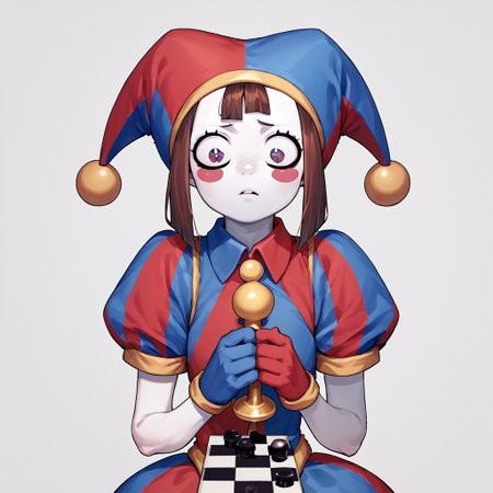 score_9, score_8_up, score_7_up, source_anime, solo, 1girl, giant chess king, pomni, colored skin, blush stickers, jester cap, striped clothes, puffy short sleeves, mismatched gloves
