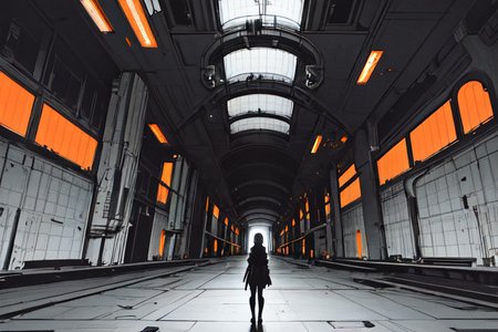 highly insanely detailed, masterpiece, top quality, best quality, highres, 4k, 8k, RAW photo, (very aesthetic, beautiful and aesthetic),  
tsutomu nihei,nihei_tsutomu,blame!,blame gakuen!,abara,TNstyle,sidonia_no_kishi,(sidonia \(ship\),space,spacecraft,deep horizon,stairs,tunnel,mausoleum,giant room,megastructure in background,lab,hangar),vast scenery,perspective,dystopia,destroyed,no human,empty,flock, 
<lora:blameLora_v10:0.6>, 
(1girl:1.3), 
solo focus, 
(pure orange background,transparent background:1.2),âââ