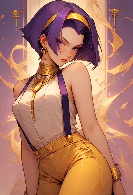 score_9, score_8_up, score_8, source_anime, rating_questionable, Faye Valentine,  classic pinup model, yellow shorts, suspenders, shirtless, pink thigh high stockings, purple hair, yellow hairband,   AnyankoP, seductive, Egyptian clothes, gold jewelry
