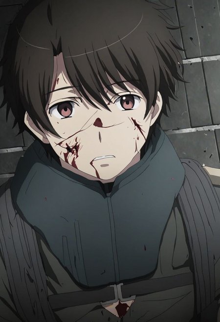high resolution, solo, best quality, 1Boy, Inaho Kaizuka, Black Hair, Brown Eyes, fell down, revenged, conquered, dying, battered, bruised, OverallDetail