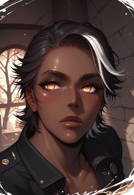 safe_pos, score_9,score_8_up,score_7_up,score_6_up, 1boy, ((BREAK)), sexy man, Khitli Viera, ((dark skinned man)), toned muscles, tall, ((no human ears)), ((short black hair with white highlights)), ((black and white goatee)), rugged features, ((black jacket with no shirt showing muscles)), ripped blue jeans, boots, ((large expressive golden eyes)), looking to the right, gesturing pose with arm to the right, high res image, masterpiece, dynamic shot, <lora:Expressive_H:0.65> <lora:incase-ilff-v3-4:0.5> <lora:g0th1cPXL:0.45>  <lora:Branwen_QBR:0.7>, high gradient eyes, eyesHD, dynamic pose, dynamic, detailed eyes, high definition eyes, amazing quality, wallpaper, wide angle, castle, exterior, nighttime, moon, moonlight, stars, gargoyle. bats, dead trees, creepy