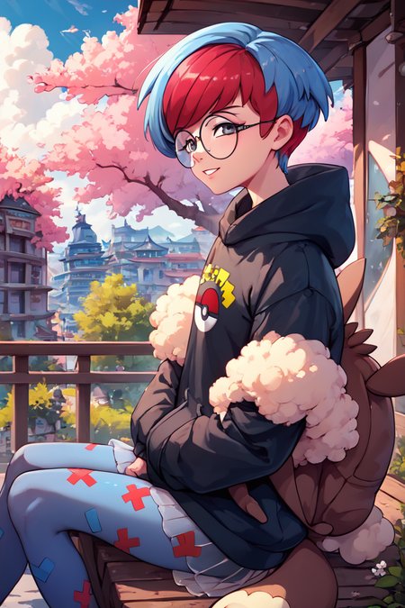score_9, score_8_up, score_8, medium breasts, (curvy), cute, eyelashes,       ,,, , ,,, zzPenny, grey eyes, glasses, short hair, red hair, blue hair, multicolored hair, round eyewear, two-tone hair,  long sleeves, hood down, black hoodie, backpack, bag, brown bag, pantyhose,   see-through skirt,   <lora:Penny_Pokemon_PDXL:1.0>,  ,,,, BREAK, sitting on bench, side view, smile, looking at viewer, cowboy shot,  ,,, BREAK, pnkBldng, sky, day, cloud, tree, blue sky, building, architecture, east asian architecture,  ,,, BREAK, embedding:zPDXL, Expressiveh,  ,,, <lora:PinkBuildingsPDXL_v2:0.6>, <lora:SDXLFaeTastic2400:0.5>, <lora:Expressive_H-000001:0.4>