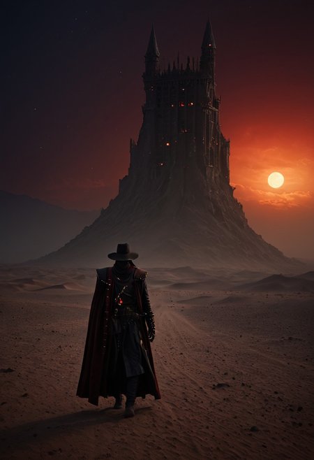 dim lighting, perfectly sharp photo, low key, a nqstrman man in dusty worn out outfit, dwarfed by the vast sorounding desert, late dawn, hot, soft glowing clouds. bright stars, dark red sun, backlighting, absurd gaint black tower in the far background, sharp contrast, dark shadows, dramatic lighting, dark, backlight, highly detailed, score_9, score_8_up, score_7_up, highres, very detailed, amazing quality, high quality photo. 32k, uhd, detailed, perfect, perfection, 8k, dramatic perspective. ultra-sharp 32K, intricate details, highly detailed, ultra-detailed, absurdres, volumetric lighting, sinfully stylish, dramatic lighting, shadows,
