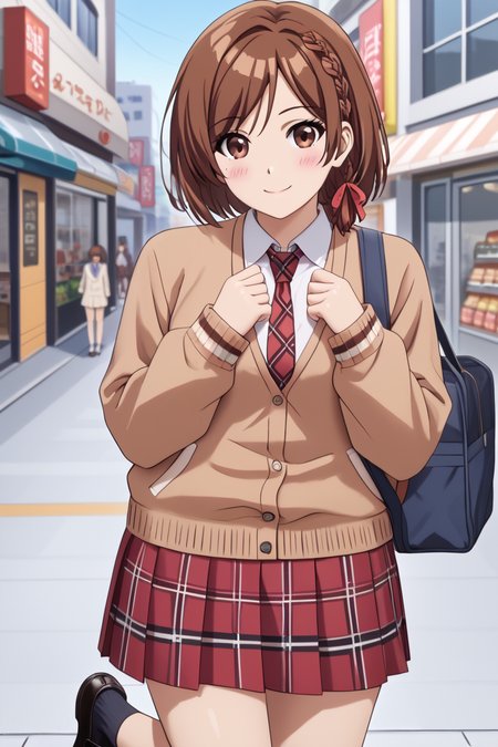 Japanese girl, sakuramori akane, 1girl, solo, looking at viewer, blush, smile, short hair, brown hair, shirt, long sleeves, ribbon, brown eyes, school uniform, hair ribbon, white shirt, braid, necktie, collared shirt, plaid skirt, cardigan, red necktie, single side braid, one hand on chest, brown cardigan, pedestrian, cities shopping district, proportional body, hands up, <lora:HandFixer_pdxl_Incrs_v1:1> contrapposto, (full body), black shoes, black socks, <lora:sakuramori_akane_cnd_pony:1>