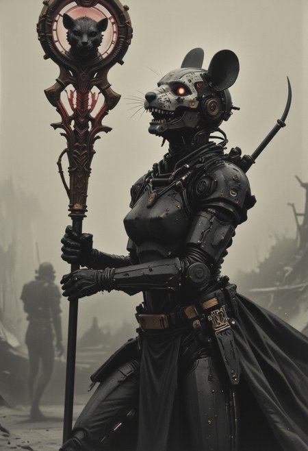 A hyper-detailed analog photo of a laughing anthropomorphic Mouse cyborg in the style of ck-ncr, captured in a dynamic and aggressive combat stance. Her radiant smile exudes confidence and defiance, highlighting the duality of her being: half of her face is organic, glowing with fiery freckles and warm, soft skin, while the other half reveals an intricate network of exposed wiring, microprocessors, and metallic plating. Her mechanical eye softly glows with an intense, almost mischievous energy, perfectly complementing her fierce expression. In her hand, she wields a richly adorned combat staff, its surface carved with intricate designs that spiral upward to a finely detailed cat's head at the top. The staff's faded red highlights contrast sharply against the stark monochrome palette of the scene, drawing the viewer's focus. The monochrome color scheme dominates, with deep blacks, brilliant whites, and a spectrum of grays, punctuated by subtle, worn red tones that add an eerie vibrance to the composition. Volumetric lighting casts dramatic shadows across her metallic and organic features, emphasizing her poised, battle-ready stance. The hazy, hyperpunk-inspired backdrop features smoky contrasts and sleek, futuristic elements, framing the mouse cyborg as a powerful and enigmatic combatant locked in a moment of raw energy and defiant joy.