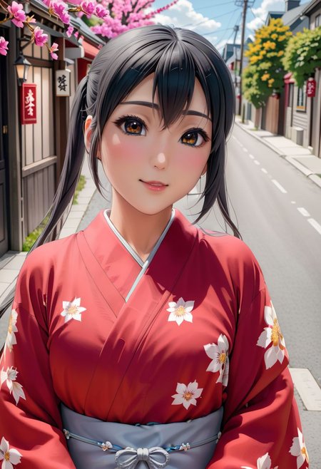 1 girl, nakano azusa, fully clothed, red kimono with pink flowers, perfect face, black eyes, black hair, show top of head, pigtails hair, blushing, smiling, outside, in the street of old qubec, small breasts, <lora:azusa_xl_rev3:0>, <lora:add-detail-xl:1>, OverallDetail, fFaceDetail, EyeDetail, Painstaking Attention To Details, art by mooncryptowow,