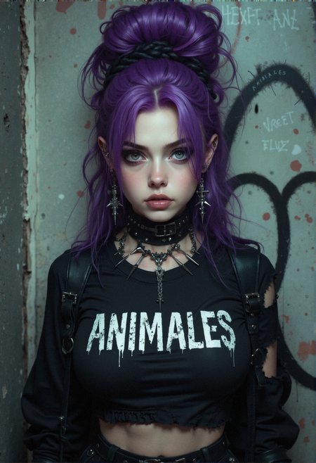 Standing against a backdrop of weathered, graffiti-covered walls, the Gothic Street Queen exudes an aura of dark elegance and untamed spirit. Her hair, a deep shade of violet, is styled in a voluminous updo, with loose strands cascading down to frame her face, their rich color contrasting beautifully with her pale complexion. Her eyes, a hypnotic shade of amethyst, are outlined with heavy, black eyeliner, accentuating their sharp, feline shape. She wears a cropped, black top, the fabric hugging her slender frame, with the word "ANIMALES" printed across the front in bold, distressed letters. The shirt’s sleeves are slightly oversized, with subtle rips and tears adding to the grunge aesthetic. Around her neck, a spiked leather choker gleams, each spike meticulously polished, giving her a look that is both edgy and regal. Her ears are adorned with multiple silver hoops and studs, the metal gleaming against the dark backdrop of her hair. The atmosphere around her is tinged with mystery, as the shadows cast by the dim streetlights play across her face, highlighting the sharp angles of her cheekbones and the soft curve of her lips, painted a deep, matte black. The overall scene is one of quiet intensity, with every detail contributing to her powerful, commanding presence.
 <lora:MoriiMee_Gothic_Niji_Style_FLUX:0.45> <lora:realism_lora_comfy_flux_converted:0.7000000000000001>
