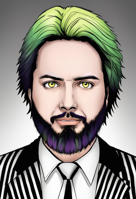 Duskfallcrew Art Style, masterpiece, official art, best quality, Alex Brightman as Beetlejuice, 1boy, male focus, solo, yellow eyes, green hair, ombre hair, beard, mustache, facial hair, black and white striped jacket, black jacket, striped jacket, white shirt, collared shirt, shirt, poltergeist vibes, prison clothes, necktie, upper teeth only, grimace, frustrated look, score_9_up, score_8_up, score_7_up, score_6_up, source_cartoon ,
