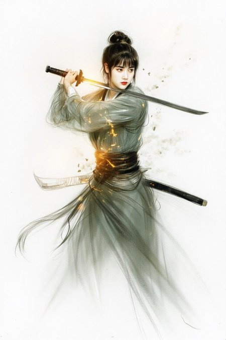 paulcesarhelleu1 illustration. 
A female Japanese samurai warrior wielding a katana, blending form with reality. Glitching the surreal with blurred dreams on a white background. Woven light fuses delicatly with whispering shimmers creating a eyecatching and masterpiece artwork. drifting fog, cracked light and smokey haze in floating threads finishes the dreamlike reality. The background is stark white. 
 <lora:paulcesarhelleu1_cap_d6a3e11:1.0><lora:844408300301767857:0>