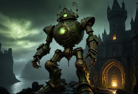 giant bipedal robot brass and olive green striped paint, bronze paisley robot. lacy robot metal. gem helmet head. outside of a steampunk keep. large detailed torso. dark image. one forty foot tall ancient robot with great arms and two heavy spring legs. dark foggy night background. $dark foggy night image only. dark photo realistic image. steampunk details. cogs, chains and pipes incorporated in the fantasy buildings. magic wizards tower in background. Dark swamp, moss, castle ruins, wizards tower. stormy dark night.  stormy sky.  rain