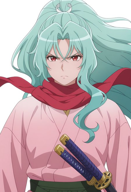 Smooth Quality,masterpiece, ultra realistic,
simple background, white background, 
front view,angry,wind, 
 <lora:Tomoecnn:0.8> sofia/cnn, 1girl, long hair, scarf, ponytail, red eyes, japanese clothes, katana, green hair, very long hair,