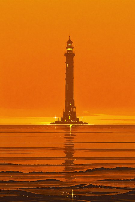 masterpiece, best quality, good quality, very awa, newest, highres, absurdres, outdoors, sky, water, sparkle, no humans, ocean, scenery, tower, yellow theme, orange sky, orange theme, lighthouse, limited palette, h4ra_illu <lora:illustriousXL_stabilizer_v1.23:0.3> <lora:NOOB_vp1_detailer_by_volnovik_v1:0.3> <lora:ponyv6_noobE11_2_adamW-000017:0.3> <lora:114558v4df2fsdf5:0.6> <lora:XXX667:0.4> <lora:mon_monmon2133:0.5> <lora:hara_id_21:0.6>