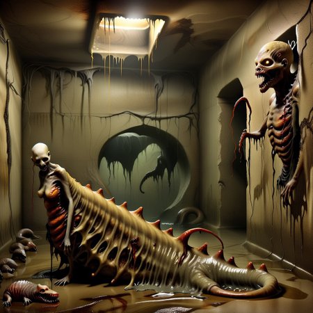 terra_vermis, Dark Fantasy page, Inside a crypt. sluggirl,  undead, twitching, writhing. Walls made of flesh. Painting. Monster Manual. s34slug, flaps, stalks
zombie slug hybrid man monster.