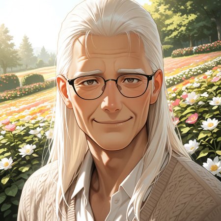 masterpiece, best quality, amazing quality, absurdres, newest, detailed background, definition so sharp, Ultra-HD, 8K cinematic, very awa, impressionate, amazing quality, highres, 
solo, male focus, manly, 
daikakukokujouji, lieutenant_white hair, lieutenant_brown eyes, 1boy, old man, looking at viewer, warm smile, long hair,wearing glasses \(on nose\), casual clothing, cardigan, outdoor setting, blooming garden, sunlight, peaceful, kind, approachable, comforting, joyful, grandfatherly