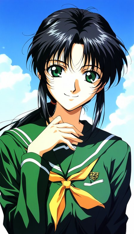 score_9, score_8_up, score_7_up, source_anime, rating_explicit, BREAK <lora:Tachibana_Yumi_XL:1> Tachibana_Yumi, black hair, long hair, green eyes, low ponytail, bangs, sidelocks, 1990s (style), 
 1girl, solo, school uniform, smile, hand on own chest, looking at viewer, long sleeves, upper body, 
green shirt, serafuku, skirt, shirt,
blue sky,