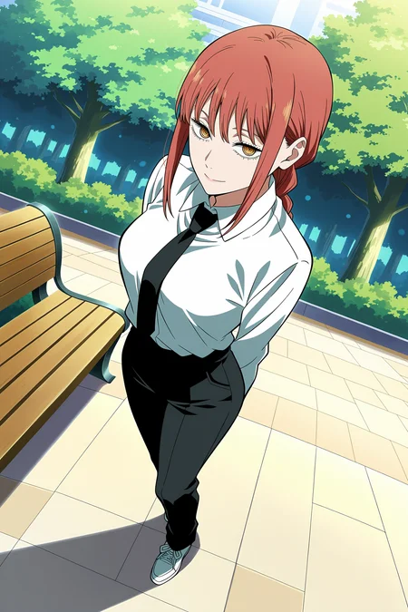 anime screencap, anime coloring, detailed face, masterpiece, best quality, very aesthetic, absurdres, bokeh, volumetric lighting, official style, amazing quality, ultra detailed,  highres, amazing quality, scenery, beautiful detailed hair, beautiful detailed eyes,
 <lora:StS-Illustrious-Detail-Slider-v1.0:4>
outside, at a park, green trees, park bench,
 <lora:Makima_Chainsaw_Man:1>
1girl, makima (chainsaw man), solo, braided ponytail, red hair, sidelocks, white collared shirt, black necktie, yellow eyes, ringed eyes, black pants, shirt tucked in, looking at viewer, standing, long hair, medium breasts, collared shirt, long sleeves, seductive smile, shoes, (full body shot, high angle, dutch angle),