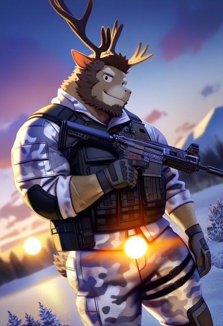 high quality, Masterpiece, best quality, detailed, intricate details, photorealism, photorealistic, dutch angle, depth of field, (artist:taran fiddler:0.6), (artist:honovy:0.6), male, solo, furry male, owen_brayden, <lora:OwenDTv1-05:1>, reindeer, reindeer antlers, short hair, buzz cut hair style, scars, small tail, facial hair, brown hair, brown fur, black eyes, smile, detailed background, outside, outdoor, snowy background, nature, daytime, sun, clouds, muscular, bara, abs, nipples, navel, toned ass, military, camouflage jacket, camouflage pants, bulletproof vest, load bearing vest, holding gun over shoulder, assault rifle, full body, close-up, upper body, looking at viewer, standing