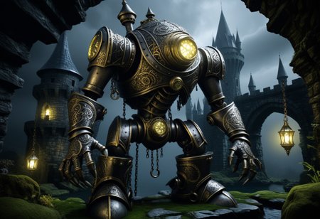 giant bipedal robot silver and yellow and bronze paisley robot. lacy robot diver helmet head. outside of a steampunk keep. large detailed torso. dark image. one forty foot tall ancient robot with great arms and two heavy spring legs. dark foggy night background. $dark foggy night image only. dark photo realistic image. steampunk details. cogs, chains and pipes incorporated in the fantasy buildings. magic wizards tower in background. Dark swamp, moss, castle ruins, wizards tower. stormy dark night. scary machine