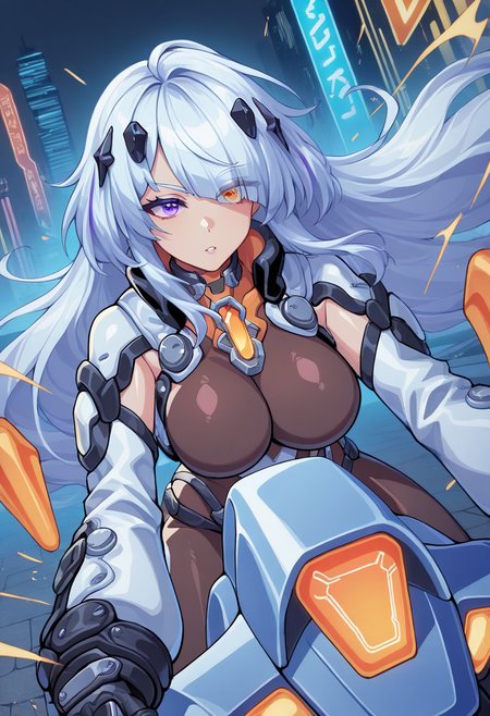 masterpiece,best quality,amazing quality,absurdres,depth of field,detailed eyes,8k, very aesthetic,1girl, solo, dila ananta, heterochromia, left purple eyes, purple left eye, right orange eyes, orange right eye, white hair, long hair, hair over one eye, bodystocking, detached sleeves, diamond hair ornament, black gloves, high collar, choker, 
riding motorcycle, leaning forward, gripping handlebars, determined expression, neon-lit highway, glowing hover bike, upper body, dutch angle, cyberpunk city, high-speed motion blur, glowing exhaust, electric blue light trails, towering skyscrapers in background, wet pavement, glowing reflections, windblown hair, intense gaze, scattered sparks, glowing holographic signs, chasing rival, adrenaline-filled action, urban dystopia, glowing neon streaks
, <lora:Character_Dila Ananta:0.777>