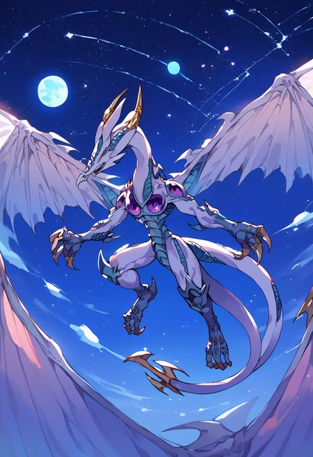 score_9,score_8_up,score_7_up,source_anime,zPDXL3,space,night,night sky,star (sky),sky,starry sky,galaxy,constellation,flying, 
*//*,<lora:StardustDragon_Pony:1>,stardustdragon_ygo,no humans,solo,duel monster,dragon,wings,tail,claws,horns,
*//*,looking at viewer,cowboy shot,dutch angle,