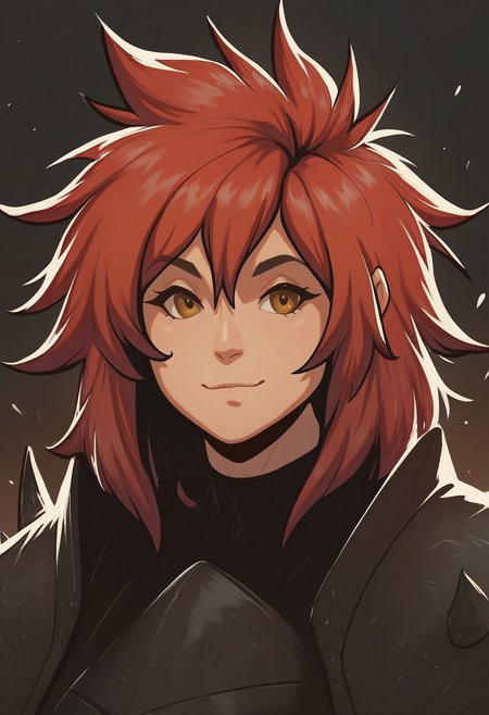 very awa, masterpiece, best quality, hightres, absurdres, pixelPaint, 1girl, red hair, medium hair, spiked hair, yellow eyes, light smile, portrait,   <lora:PixelPaintStylez-IL:1.5>