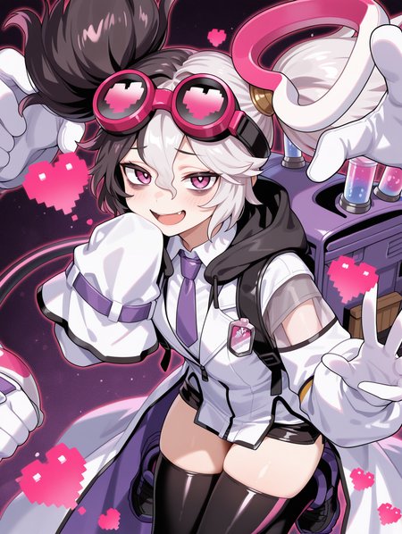 vanquish soul dr. mad love, 1girl, solo, pixel heart, open mouth, looking at viewer, purple sneakers, single sleeve past fingers, smile, white hair ornament, goggles on head, white collared shirt, white labcoat, purple necktie, single white glove, black short shorts, black thighhighs, extra mechanical arms, backpack, from above, bags under eyes, 
masterpiece,best quality,amazing quality,very aesthetic,absurdres,newest,<lora:Vanquish Soul Dr. Mad Love illusXL v1.1:0.72>,