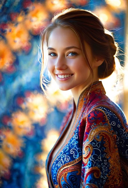 A hyper-realistic portrait of a young woman, focusing on her upper body, adorned in a vibrant batik-inspired outfit with intricate, swirling patterns of indigo, crimson, and gold, softly illuminated by warm, natural light, with a shallow depth of field, blurring the background to emphasize her gentle, enigmatic smile, in the style of digital painting with delicate, textured brushstrokes.