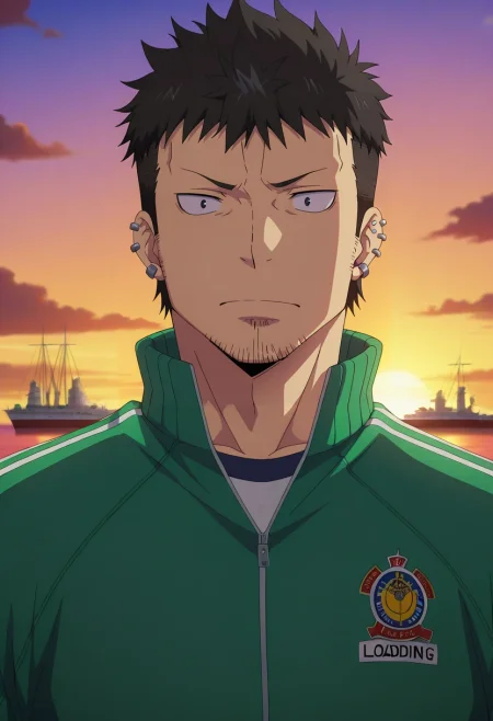 masterpiece, best quality, , anime screencap, anime coloring, official style, , , 1boy, solo, male focus, <lora:ryuuji_suguro_ilxl:0.98>, ryuuji_suguro, black hair, black eyes, short hair, , facial hair, stubble, ear piercing, sky port, airship docks, cloud sea, loading areas, watching ships, curious expression, sunset, tracksuit,