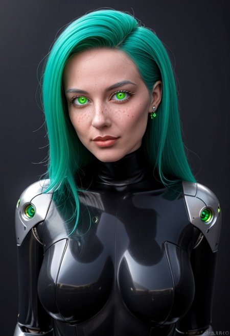 solo, A 35mm photo of  a beautiful 20 year old woman, she is a humanoid robot , robotic body, emerald green robotic eyes, freckles, smooth featureless silver grey robotic skin, robotic aerials, metallic dark blue hair, elegant black latex bodysuit with white trim
TheFaceLess