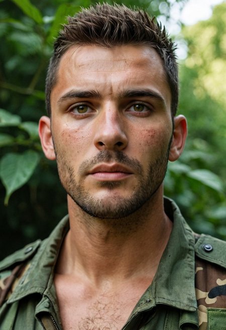 masterpiece, photorealistic, 1boy, handsome man, age 35, athletic, flak jacket, camo, stubble, mowhawk, eyepatch, RAW candid cinema, 16mm, colour graded Portra 400 film, remarkable colour, ultra realistic, textured skin, remarkable detailed pupils, realistic dull skin noise, visible skin detail, skin fuzz, dry skin, shot with cinematic camera, frown, big hazel eyes, subsurface scattering, bokeh, green foliage background