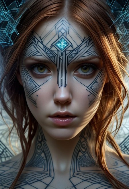 Rune tattoo on girls face, close-up, by Minjae Lee, Carne Griffiths, Emily Kell, Steve McCurry, Geoffroy Thoorens, Aaron Horkey, Jordan Grimmer, Greg Rutkowski, amazing depth, double exposure, surreal, geometric patterns, intricately detailed, bokeh,  perfect balanced, deep fine borders, artistic photorealism , smooth,  great masterwork by Suiras  <lora:add-detail-xl:2>  <lora:Double_Exposure:0.5>