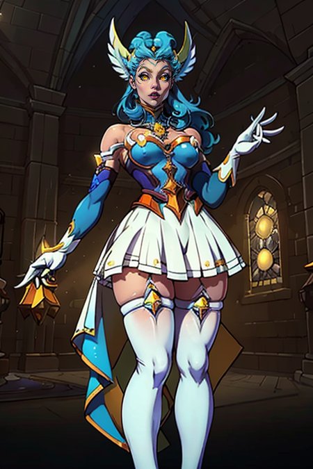 masterpiece,best quality,extreme detail,8k,image sharpness,<lora:lilith-10:0.8>,lilith2,1girl,solo,long hair,breasts,bangs,skirt,thighhighs,gloves,dress,bare shoulders,medium breasts,blue hair,yellow eyes,elbow gloves,indoors,white gloves,high heels,white thighhighs,zettai ryouiki,star guardian (league of legends),