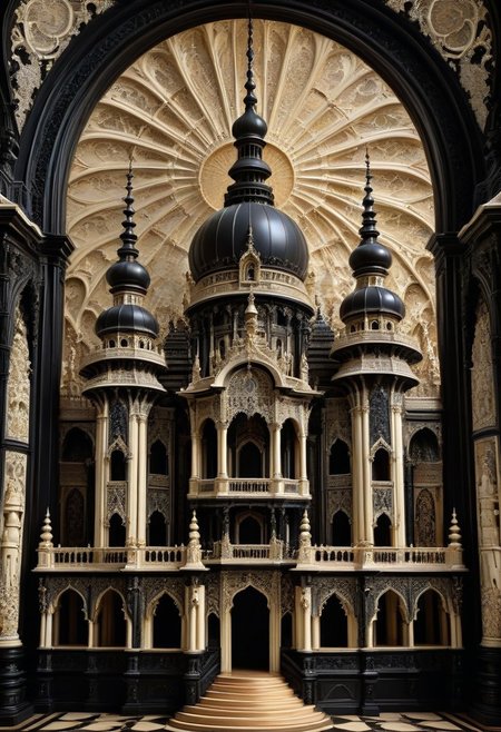 a grand palace carved entirely from ebony and ivory, intricate scrimshaw style, highly detailed architecture, ornate engravings, black and white contrast, majestic towers and domes, baroque and gothic fusion, carved textures in bone and wood, surreal and elegant atmosphere, symmetrical design, dramatic lighting, fantasy setting, hyper-detailed, sdxl style