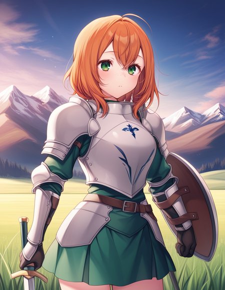 (k0m3sh1r0),   <lora:1_illu_komeshiro_kasu_9e:1>, 1girl, armor, sword and shield, skirt, freckles, orange hair, medium hair, green eyes, field, mountains, (masterpiece, best quality, amazing quality),