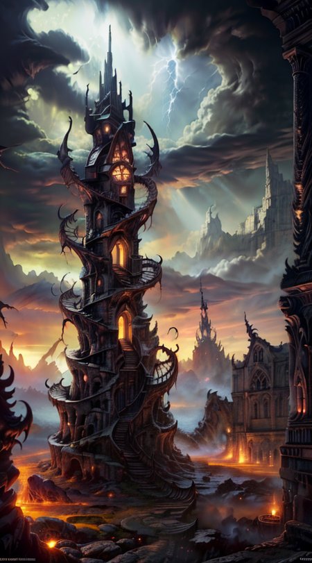 Gothic style, 
Horror-themed, 
Masterwork Painting, Magnum Opus, 
HDR photo of 
 <lora:Wizard_Tower-10:0.75> witow, castle, cloud, cloudy sky, grass, no humans, scenery, sky, tower, tree, 
 <lora:locon_conceptlightning_v1_from_v1_64_32:1> lghtnngprsn, lightning, storm 
<lora:Hell2_v1.0:0.8> demonic, creatures, fire, city, creepy, lava, volcano, castle,
. High dynamic range, vivid, rich details, clear shadows and highlights, realistic, intense, enhanced contrast, highly detailed,
  highres, 8k, uhd, High Dynamic Range, tonemapping, crisp details,  intricate details, fine details,
. Eerie, unsettling, dark, spooky, suspenseful, grim, highly detailed,
. Dark, mysterious, haunting, dramatic, ornate, detailed