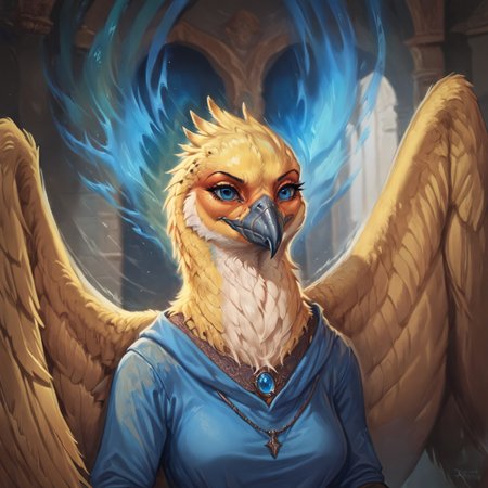 (((beautiful, high quality))), upper Body, score_9, score_8_up, score_7_up, Aarakocra, furry bird, massive wings, 1girl, yellow feathers, blue eyes, blue robes, (blue energy:1.1), looking at the viewer, dynamic pose, blurred background, in the style of jeff-easley, oil painting, realistic, wings down,