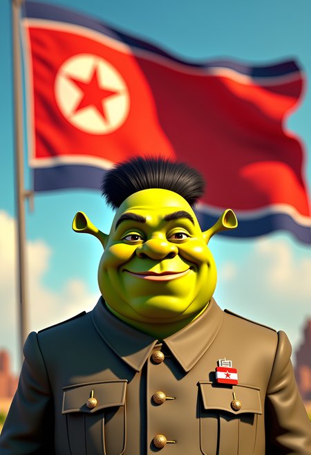 A satirical propaganda poster featuring Shrek in the foreground with Kim Jong Un's iconic haircut, smiling kindly and warmly at the viewer. He is dressed in a sharp military uniform adorned with onion-shaped medals. In the background, a massive North Korean flag flaps dramatically in the wind, with a glowing onion replacing the star