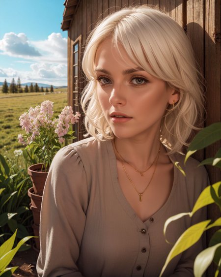(Close-up:1.4), (Sn0frid_v1, white hair:1.3),  medium bosom, (style of Dorothea Lange) rugged frontier homestead woman, 1800s Montana, linen blouse, long skirt, apron, practical sturdy boots, earthy tones, natural fibers, rustic charm, sepia-toned aesthetic, arid golden prairie, wooden cabin, wildflowers, cracked soil, farm tools, weathered textures, sun-dappled lighting, determined expression, confident pose, wind-tousled hair, (dramatic clouds:1.2), vast open landscape, vintage authenticity, pioneering spirit ,