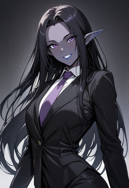 masterpiece, best quality, very aesthetic, solo,
fv4lent, lawyer suit, looking at viewer, purple eyes, blue lipstick, long hair, dark black hair, straight hair, black blazer, black trousers, white shirt, purple tie, confident smile, happy, dark grey skin, elven ears, forehead