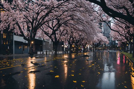 a photo of a city street in rain at night, skyscrapers, raindrops, puddles, passing cars, asphalt road, pink sakura blossom trees, falling leaves, high quality, high resolution, very coherent, clear focus, well defined
