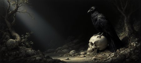 black-toned Renaissance photo of an abyssal goth raven perched on a skull in a dark mysterious woodland, intricate white and black and gold ebru, eldritch, decrepit, billowing dark dust, very detailed <lora:Former_Splendor:0.8> <lora:Hand v2:1> <lora:flux.1_lora_flyway_Epic-detail_v2:0.3>