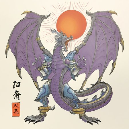 highres, best quality, masterpiece, very aesthetic, newest,solo,dorugoramon,standing,claw pose,wings, traditional media,full body,open mouth,teeth,dragon,sun,cherry blossoms,traditional media,ukiyo-e, outdoors, <lora:DorugoramonIllustrious:0.95>